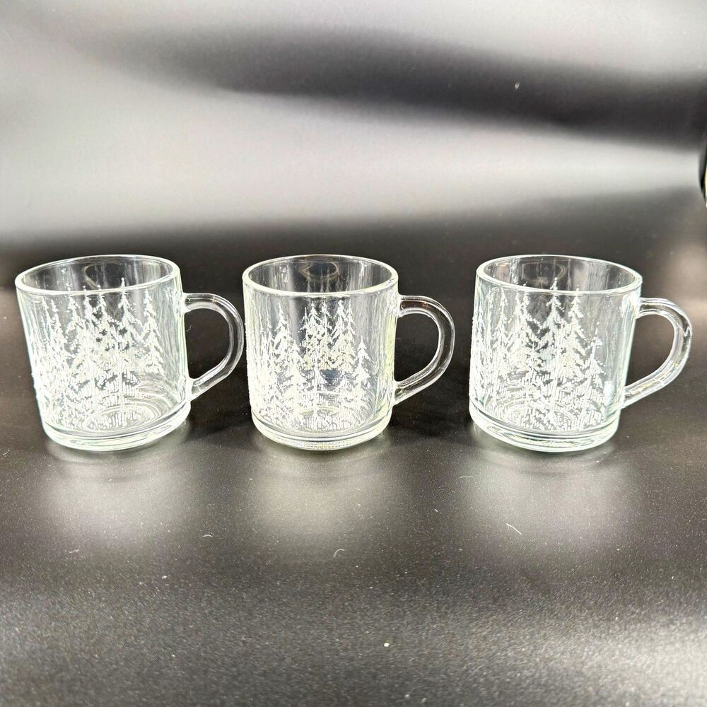 Libbey Frosted Pine Tree Glass Mugs Set of 3 Clear Winter Forest